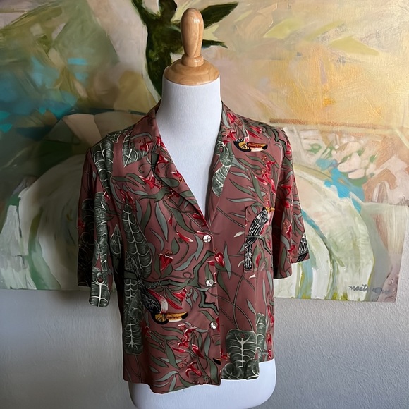 Carole Little vintage 90s silk safari toucan leaf print top small - Picture 1 of 16